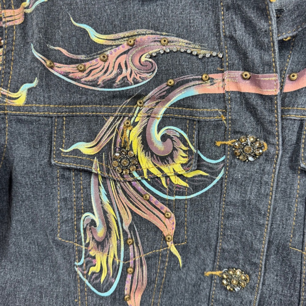 DG2 Diane Gilman Embellished Denim Jacket Women's Size M Charcoal Wash - Picture 8 of 10